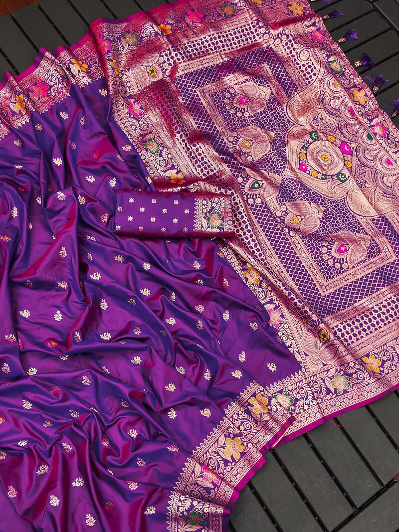 Nebula Purple Soft Banarasi Silk Saree With Scrupulous Blouse Piece - Image 3