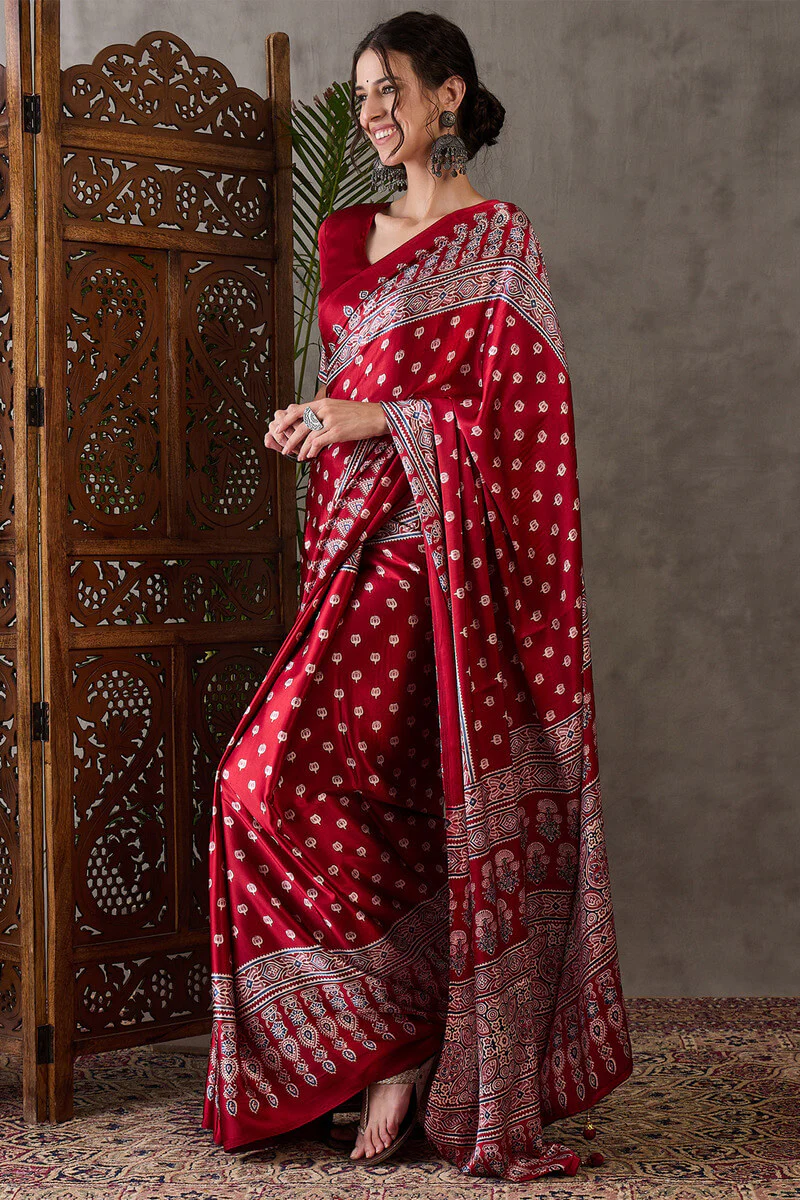 Nebula Red Ajrakh Printed Semi Modal Silk Saree With Flaunt Blouse Piece - Image 6