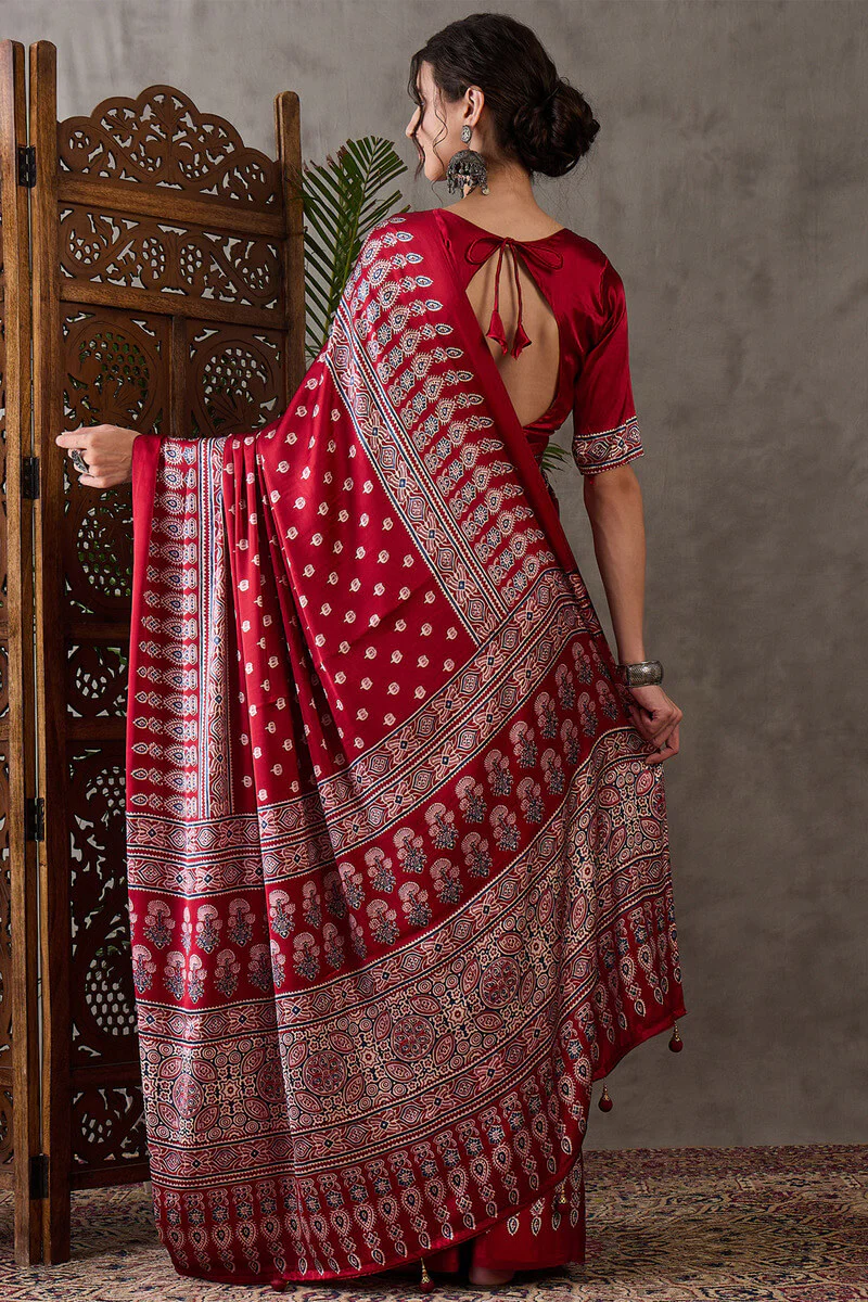 Nebula Red Ajrakh Printed Semi Modal Silk Saree With Flaunt Blouse Piece - Image 7
