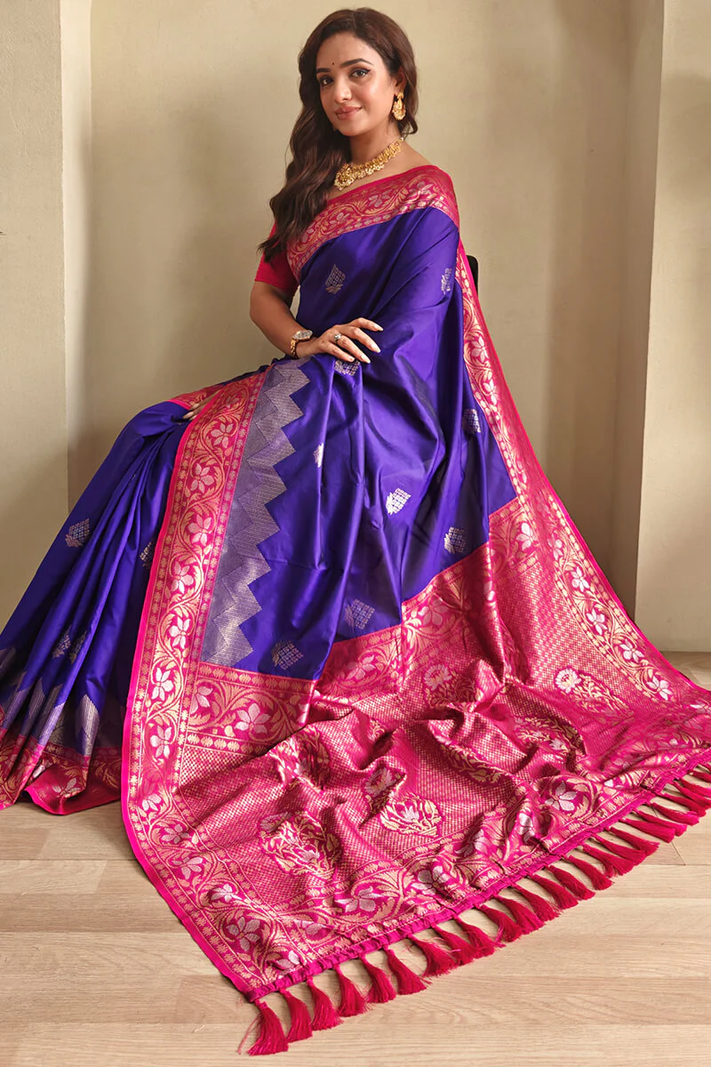 Nebula Royal Blue Soft Banarasi Silk Saree With Eclat Blouse Piece - Image 4