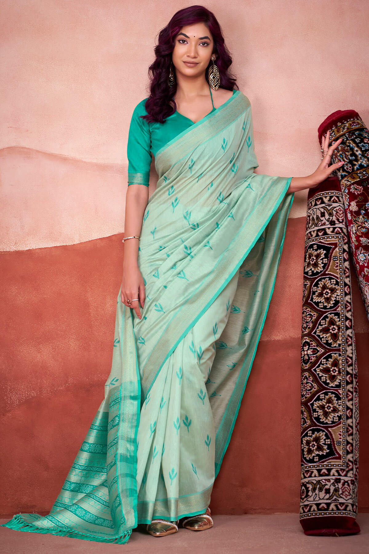 Nebula Sea Green Cotton Silk Saree With Panoply Blouse Piece - Image 3