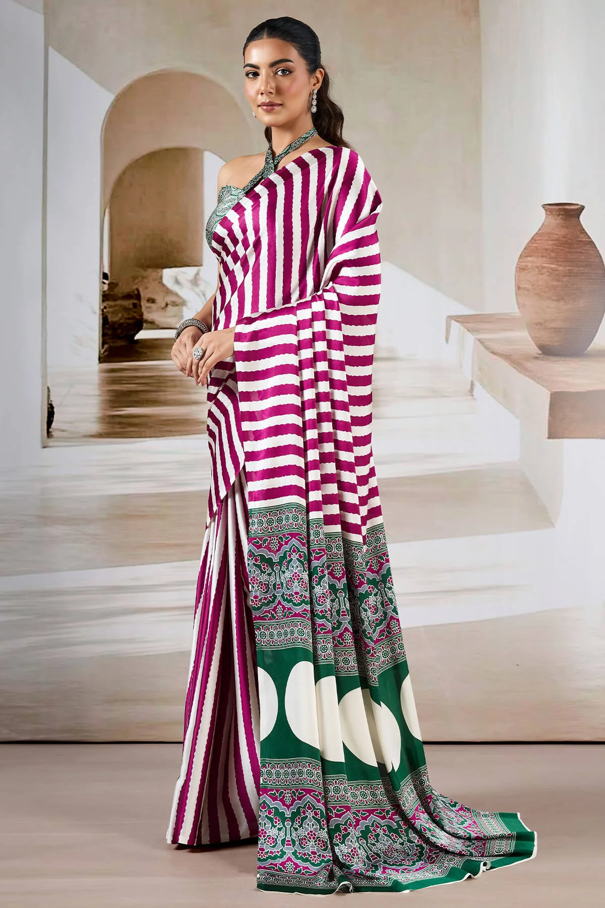 Nebula Wine Ajrakh Printed Satin Silk Saree With Quixotic Blouse Piece - Image 5