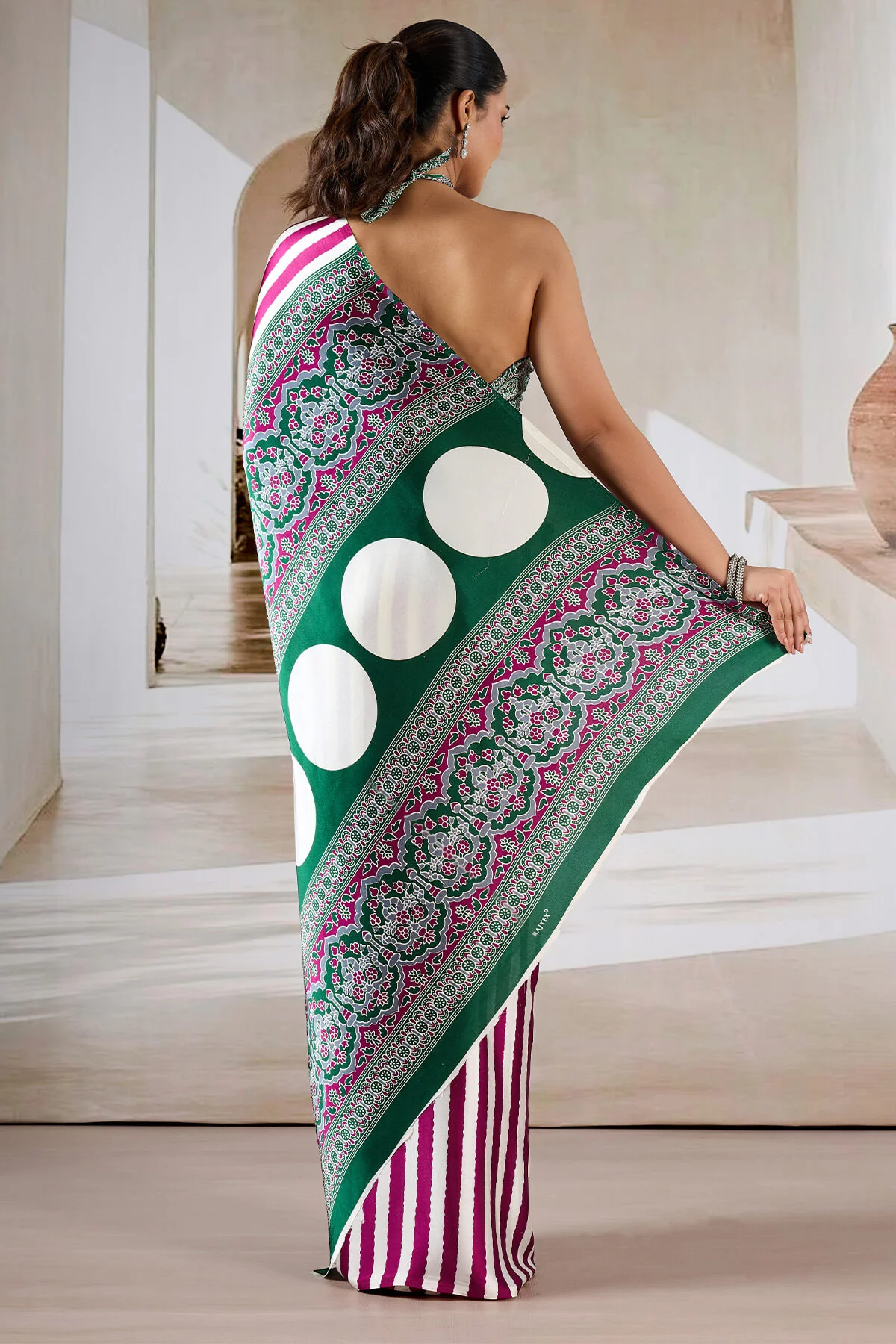 Nebula Wine Ajrakh Printed Satin Silk Saree With Quixotic Blouse Piece - Image 6