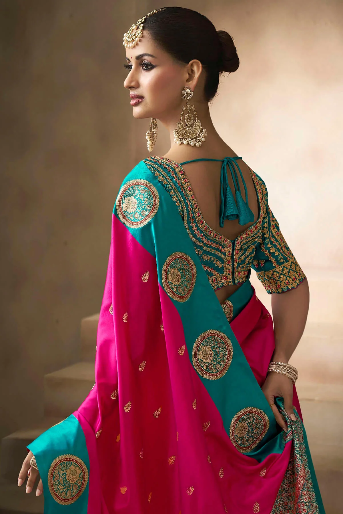 Nectarous Dark Pink Banarasi Satin Silk Saree With Blooming Blouse - Image 2