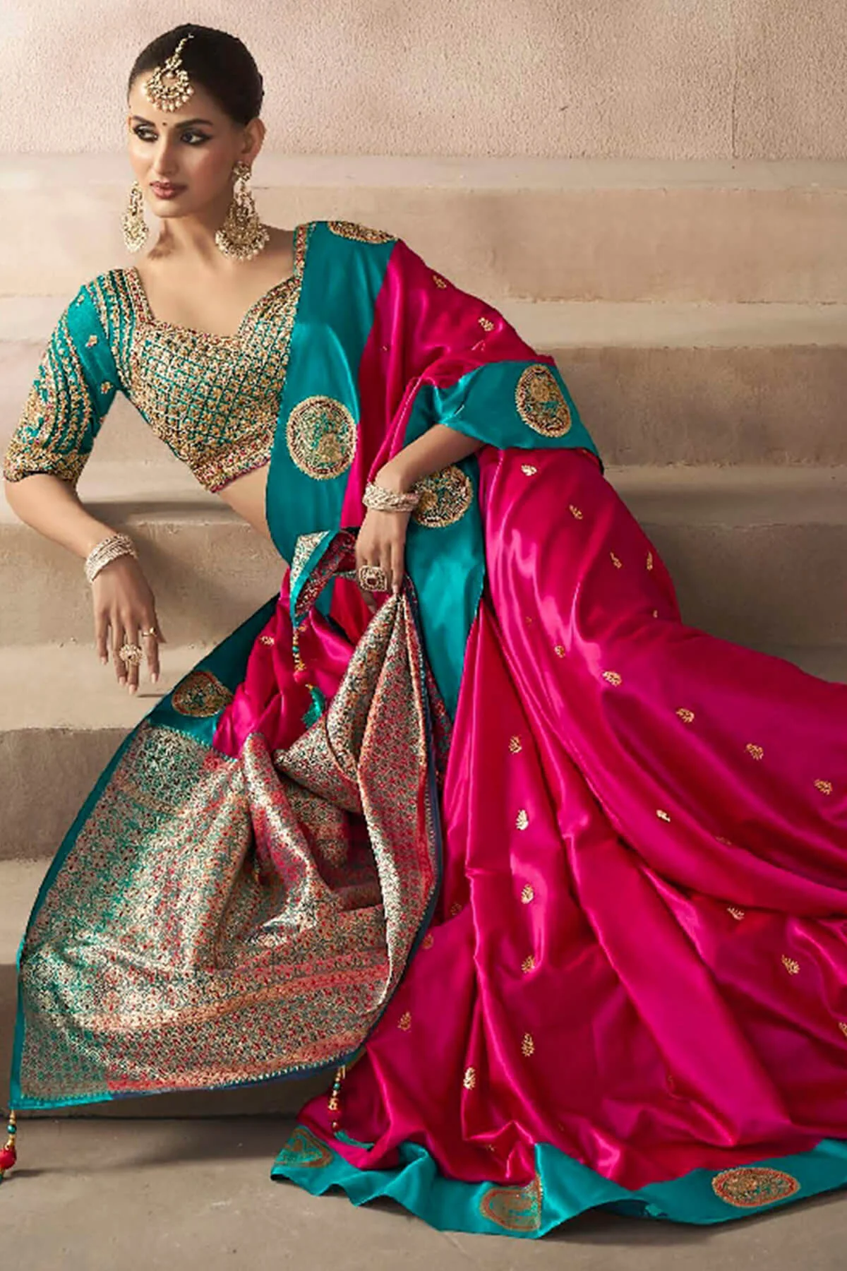 Nectarous Dark Pink Banarasi Satin Silk Saree With Blooming Blouse - Image 3