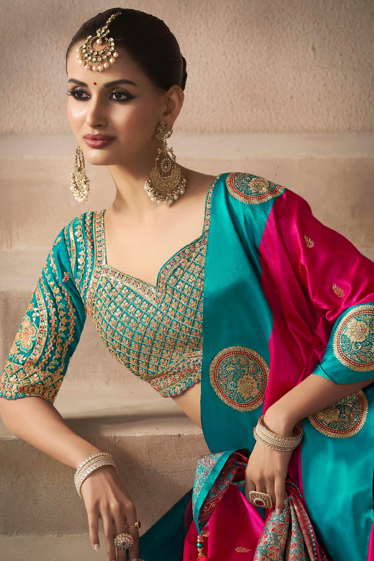 Nectarous Dark Pink Banarasi Satin Silk Saree With Blooming Blouse - Image 4