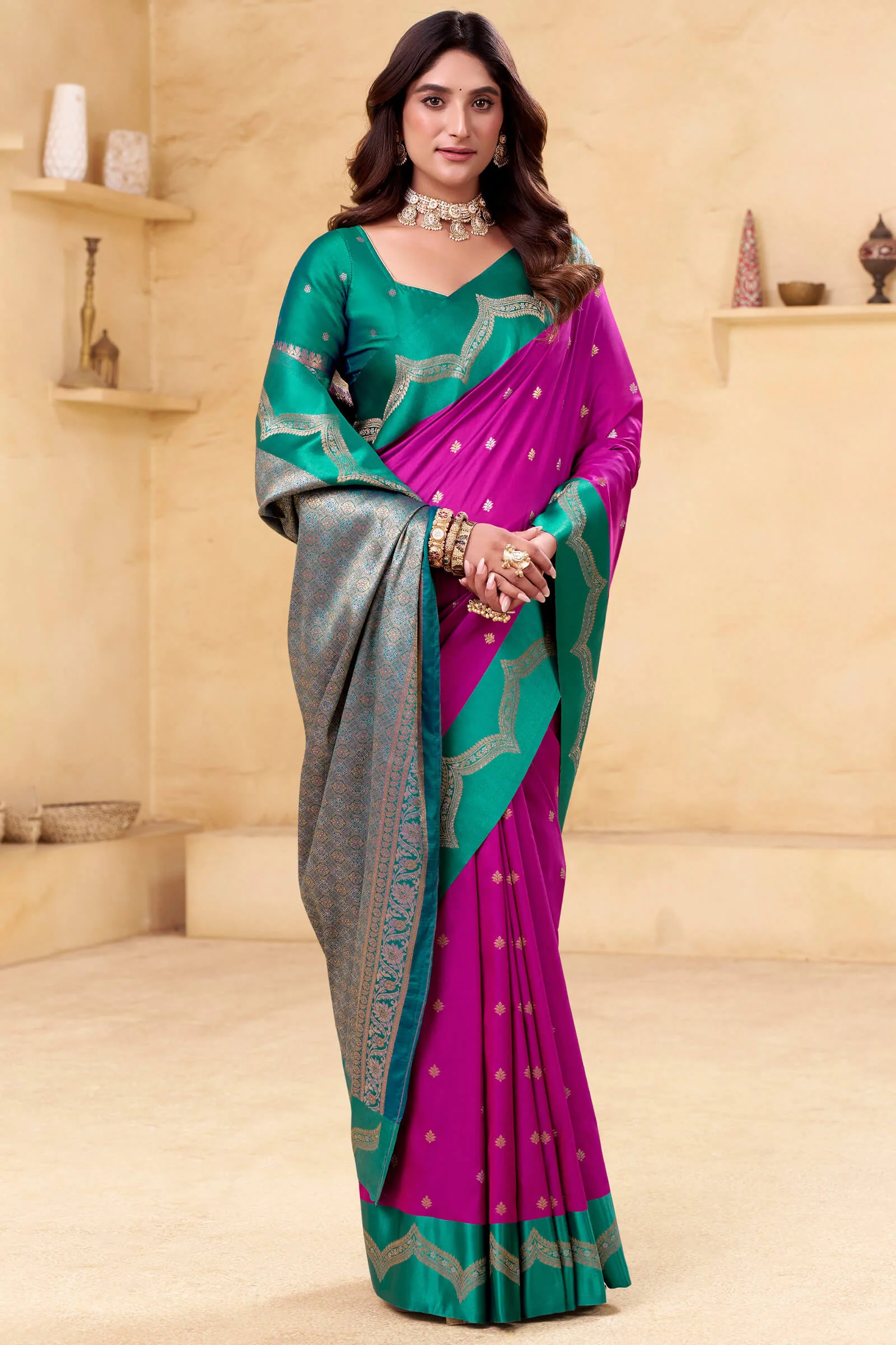 Nectarous Magenta Banarasi Satin Silk Saree With Eloquence Blouse - Image 3