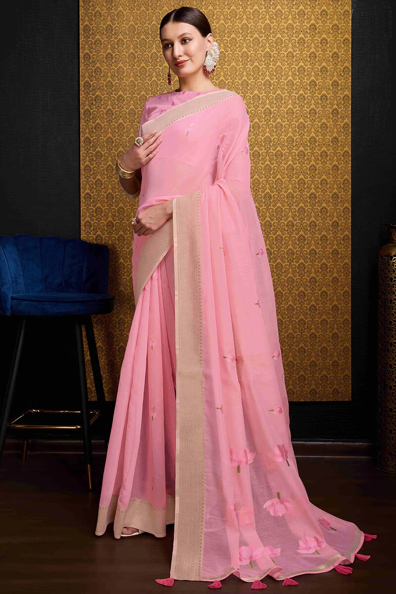 Nectarous Pink Cotton Silk Saree With Ethereal Blouse Piece - Image 3