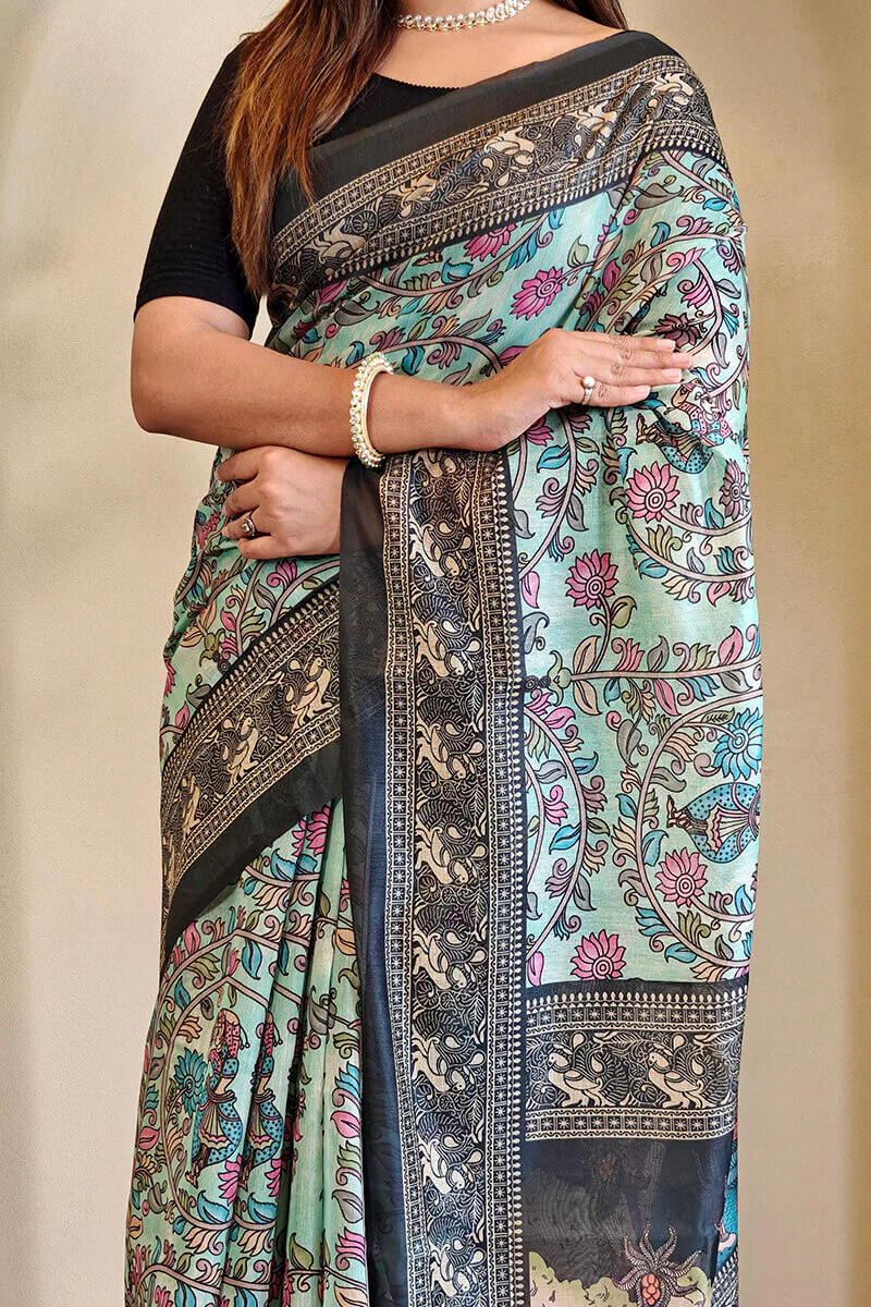 Nectarous Sky Kalamkari Printed Saree With Incomparable Blouse Piece - Image 2
