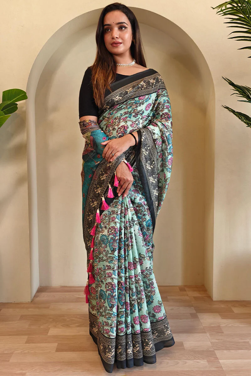 Nectarous Sky Kalamkari Printed Saree With Incomparable Blouse Piece - Image 3