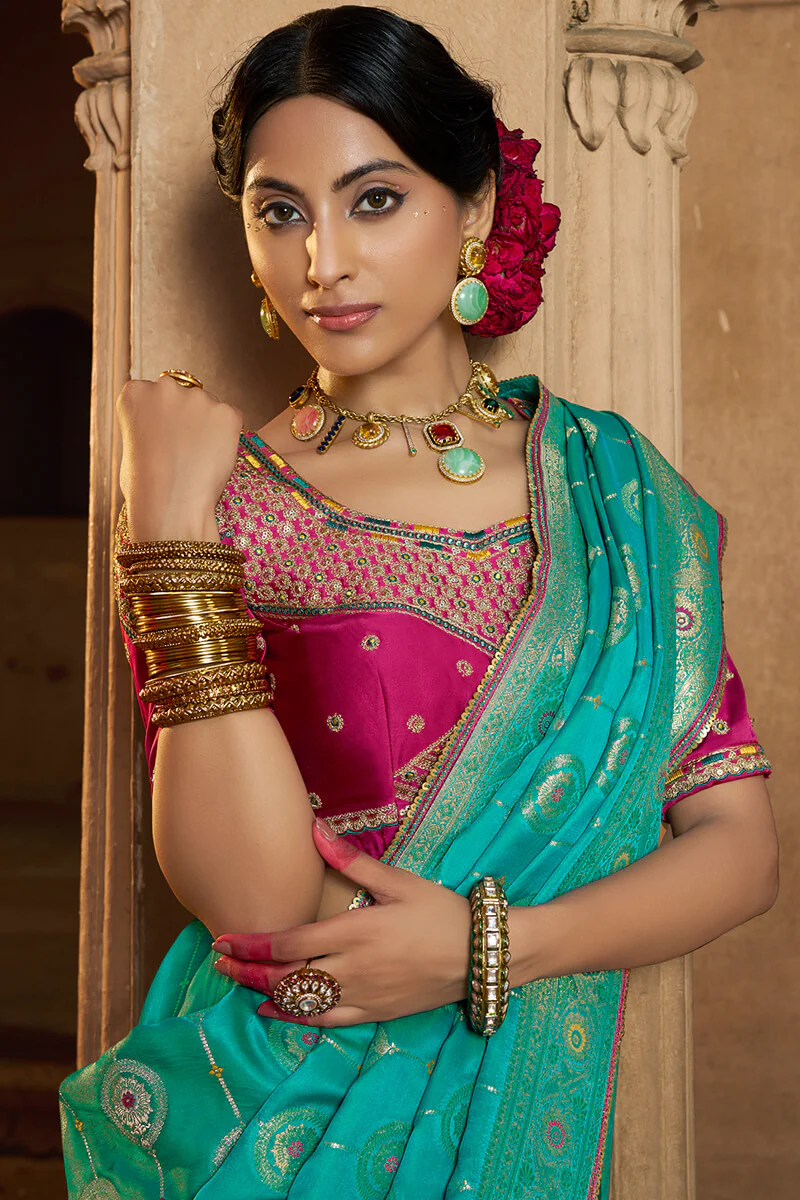 Nectarous Turquoise Banarasi Satin Silk Saree With Glowing Blouse - Image 2