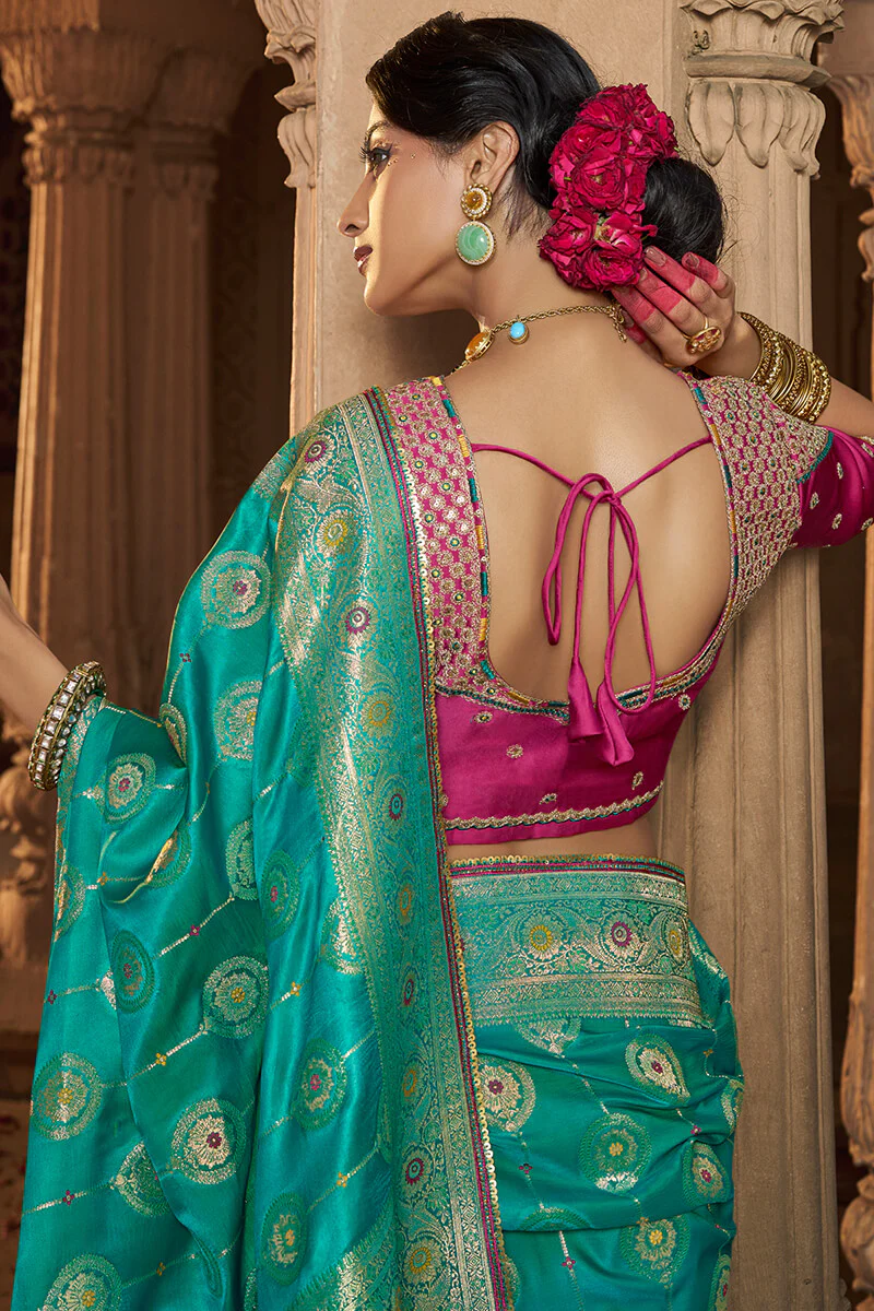 Nectarous Turquoise Banarasi Satin Silk Saree With Glowing Blouse - Image 3