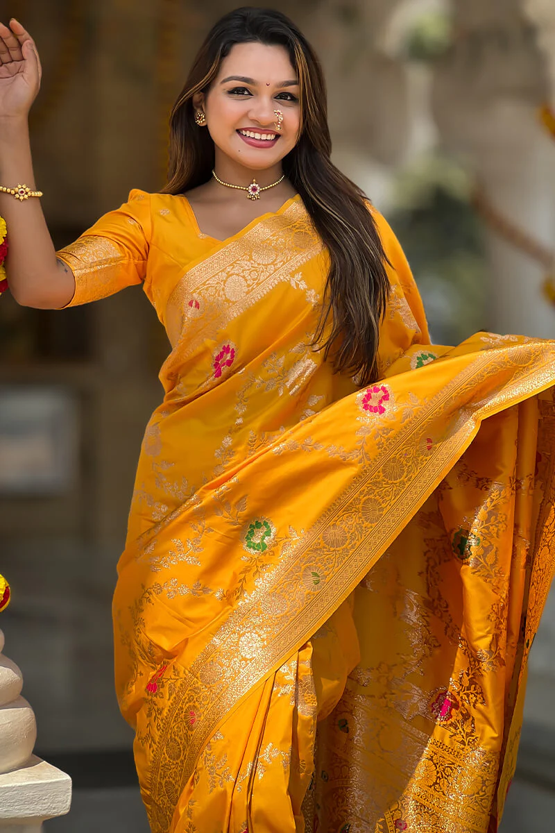 Nectarous Yellow Soft Banarasi Silk Saree With Seraphic Blouse Piece - Image 2