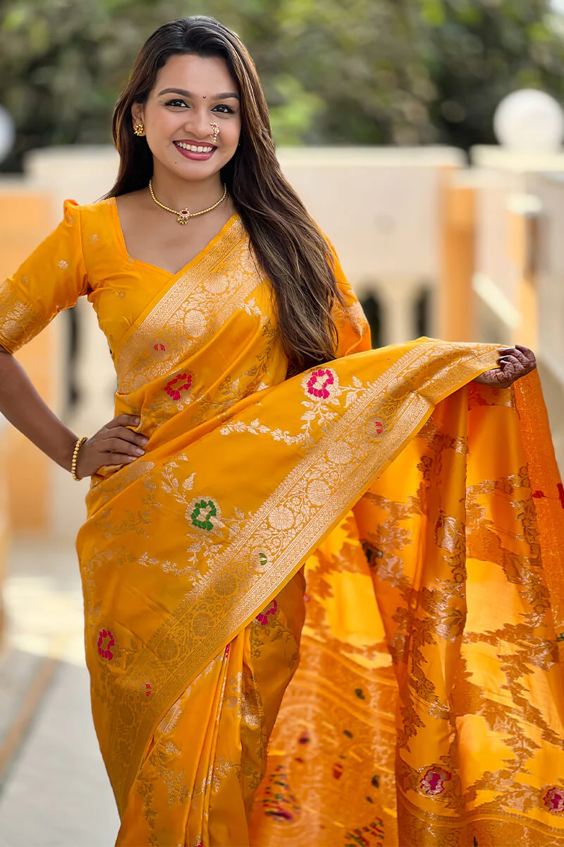 Nectarous Yellow Soft Banarasi Silk Saree With Seraphic Blouse Piece - Image 3