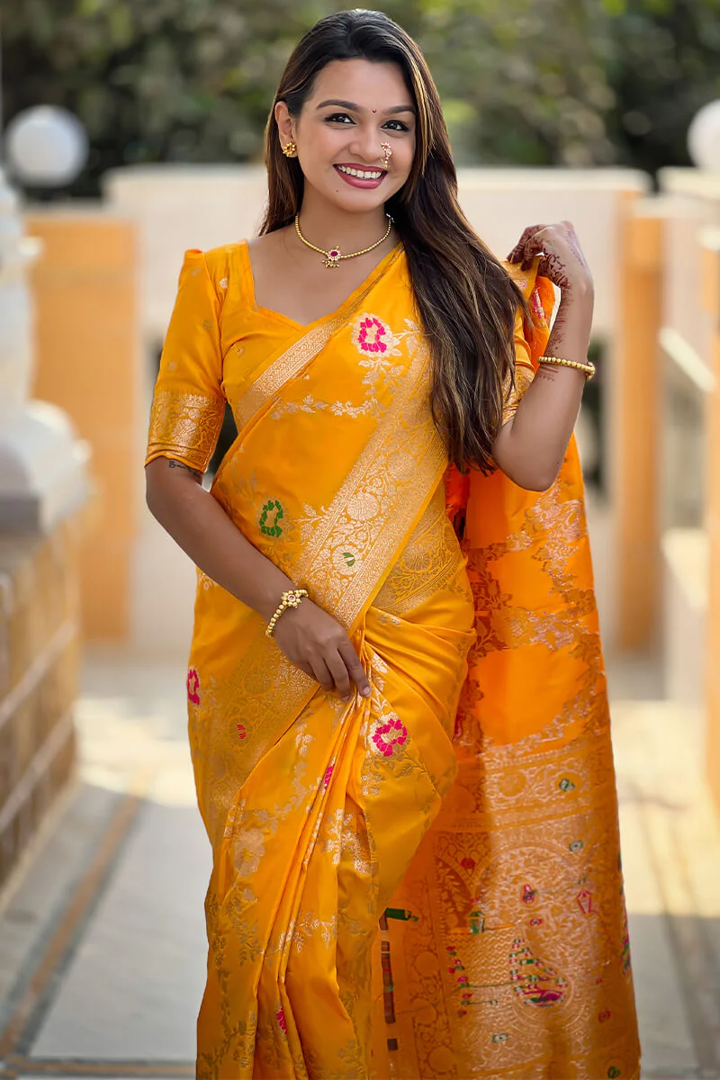 Nectarous Yellow Soft Banarasi Silk Saree With Seraphic Blouse Piece - Image 5