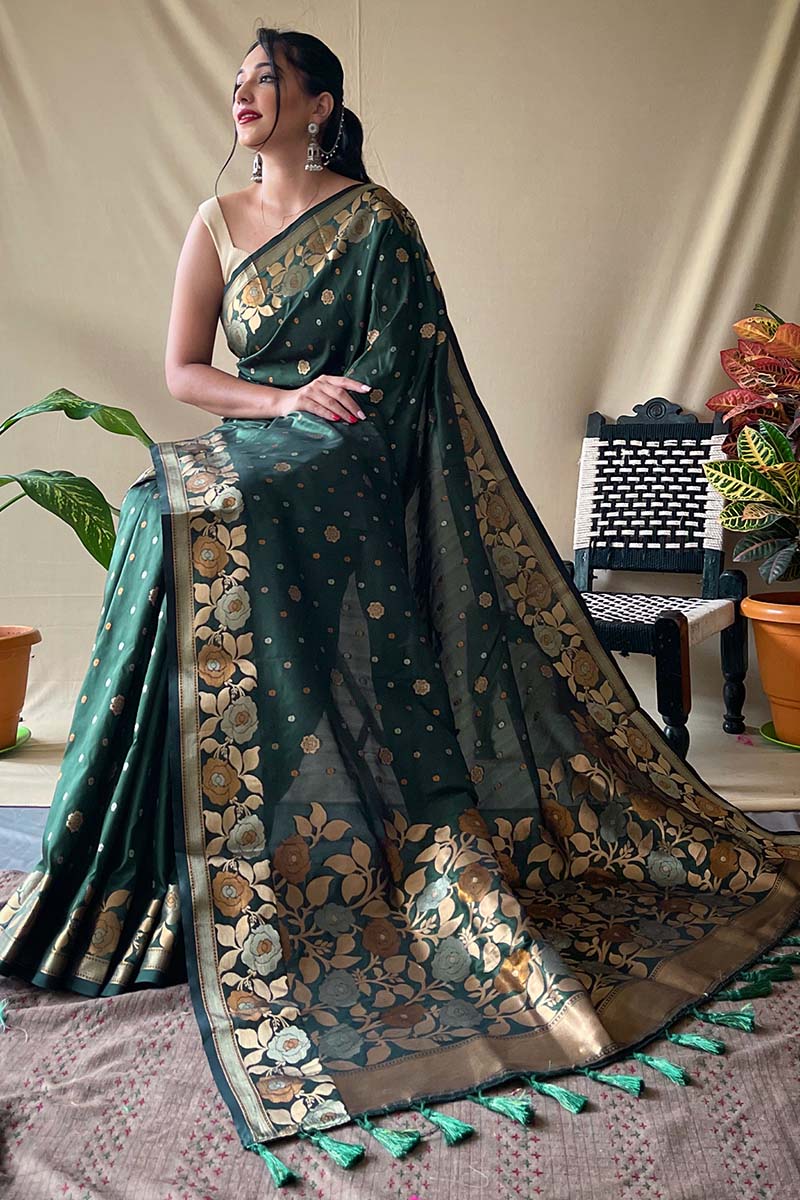 Nemesis Dark Green Soft Banarasi Silk Saree With Quintessential Blouse Piece - Image 3
