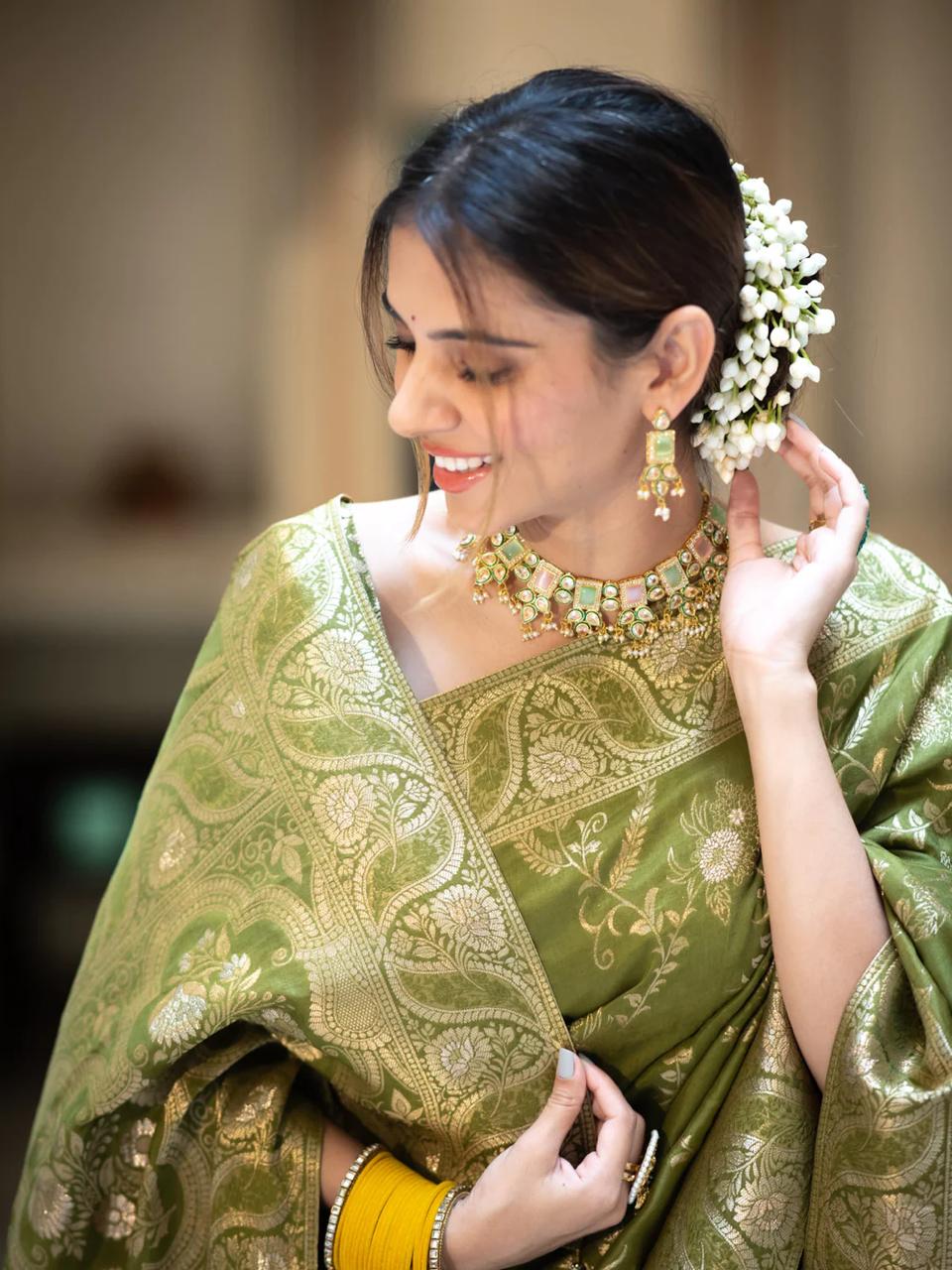 Nemesis Mehndi Soft Silk Saree With Serendipity Blouse Piece - Image 2