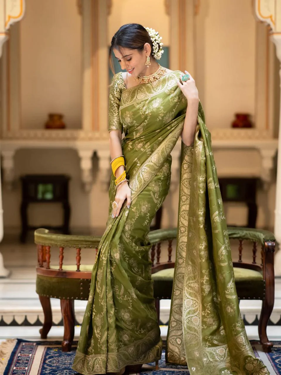 Nemesis Mehndi Soft Silk Saree With Serendipity Blouse Piece - Image 5
