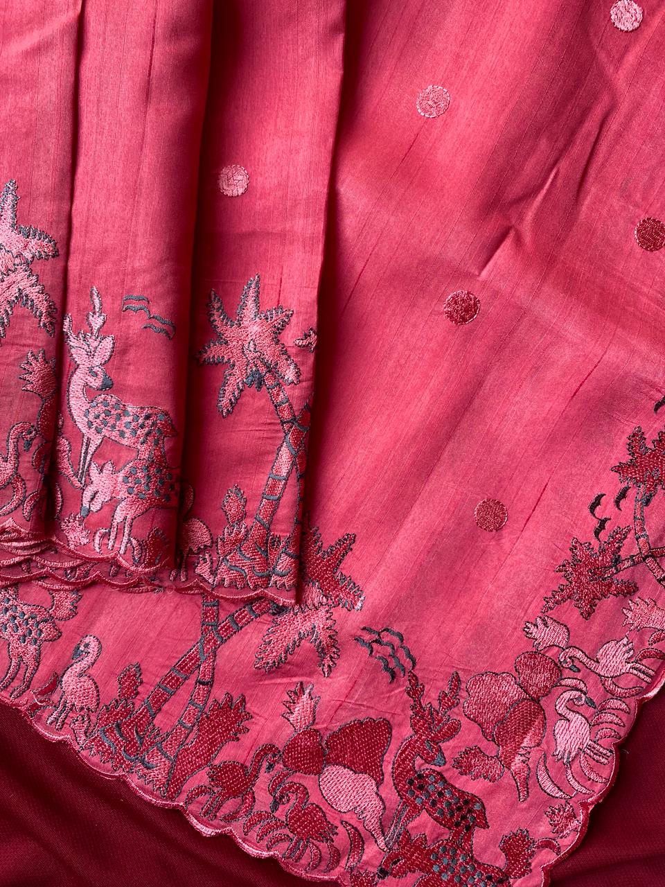 Nemesis Pink Embroidery Work Tussar Silk Saree With Desuetude Blouse Piece - Image 2
