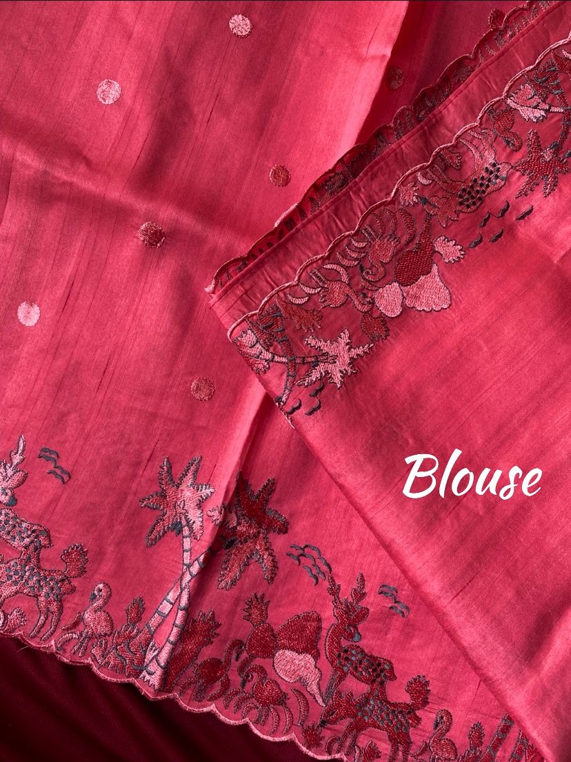 Nemesis Pink Embroidery Work Tussar Silk Saree With Desuetude Blouse Piece - Image 3