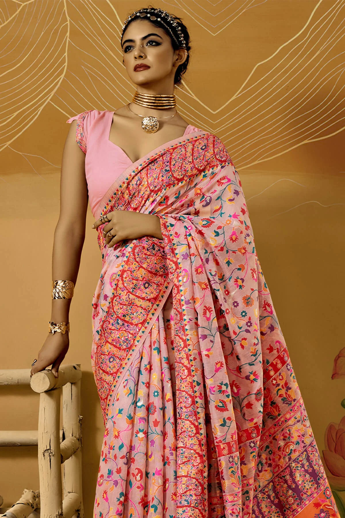 Nemesis Pink Pashmina Saree With Luminous Blouse Piece - Image 3