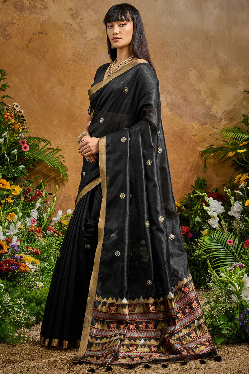 Opulent Black Banarasi Tussar Silk Saree With Nectarous Blouse Piece - Image 3