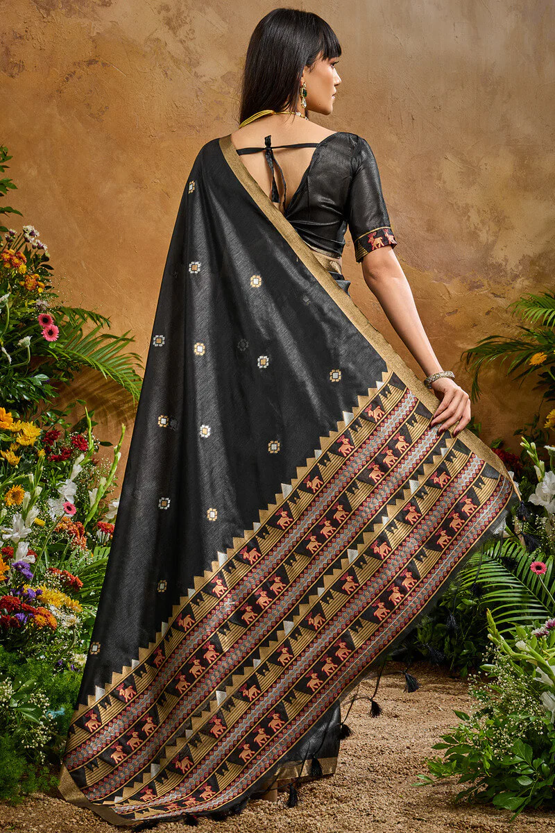 Opulent Black Banarasi Tussar Silk Saree With Nectarous Blouse Piece - Image 7
