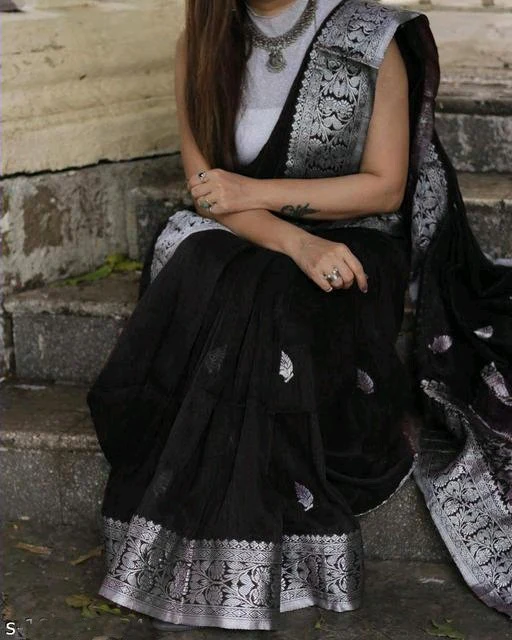 Opulent Black Soft Banarasi Silk Saree With Glowing Blouse Piece - Image 5