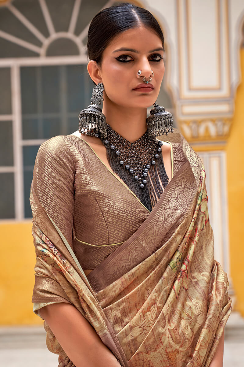 Opulent Brown Digital Printed Cotton Silk Saree With Nebula Blouse Piece - Image 2