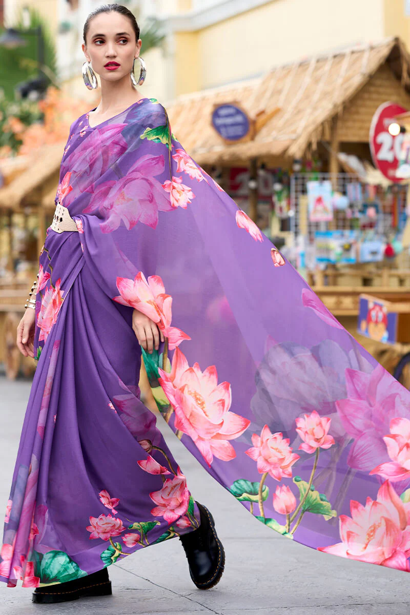 Opulent Lavender Digital Printed Georgette Saree With Prominent Blouse Piece - Image 3