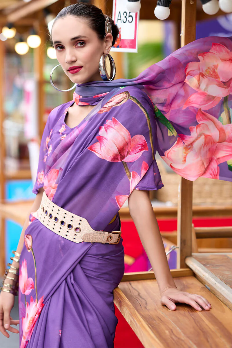 Opulent Lavender Digital Printed Georgette Saree With Prominent Blouse Piece - Image 4