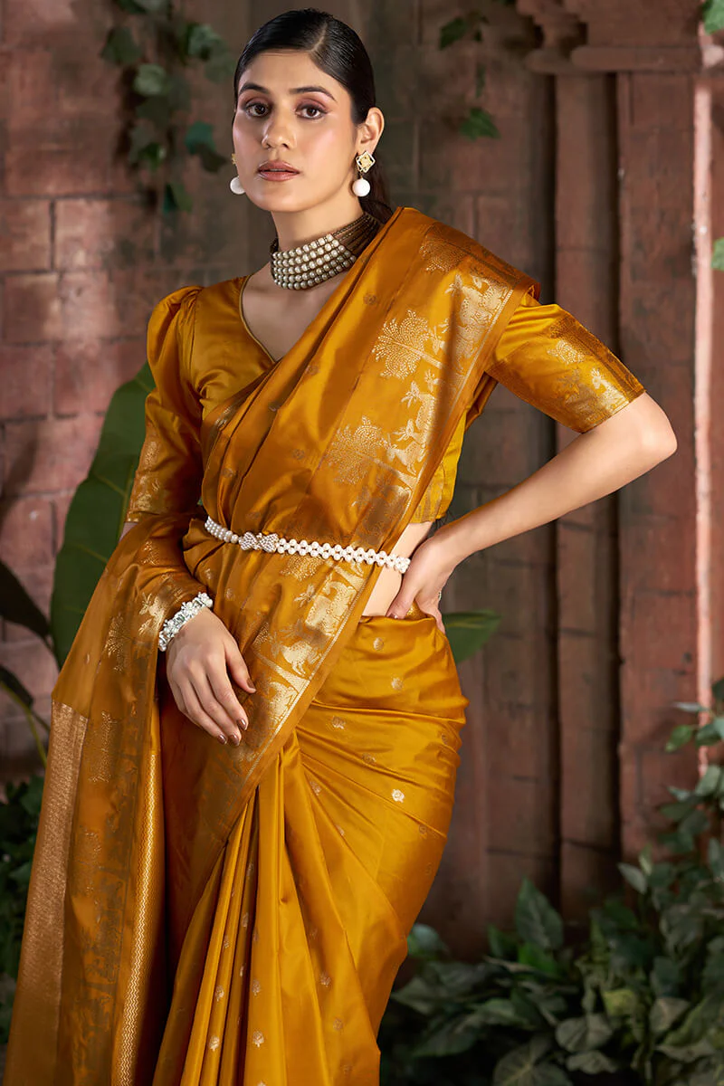 Opulent Mustard Pure Zari Weaving Banarasi Silk Saree With Lassitude Blouse Piece - Image 2