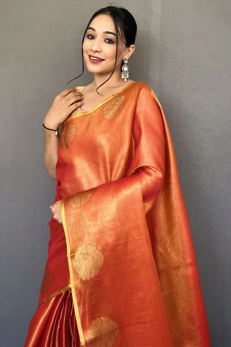 Opulent Orange Soft Banarasi Tissue Silk Saree With Luminous Blouse Piece - Image 2