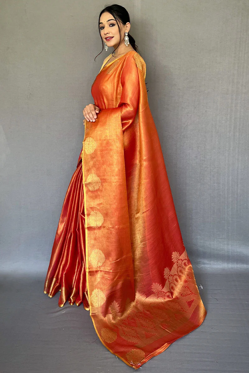 Opulent Orange Soft Banarasi Tissue Silk Saree With Luminous Blouse Piece - Image 3