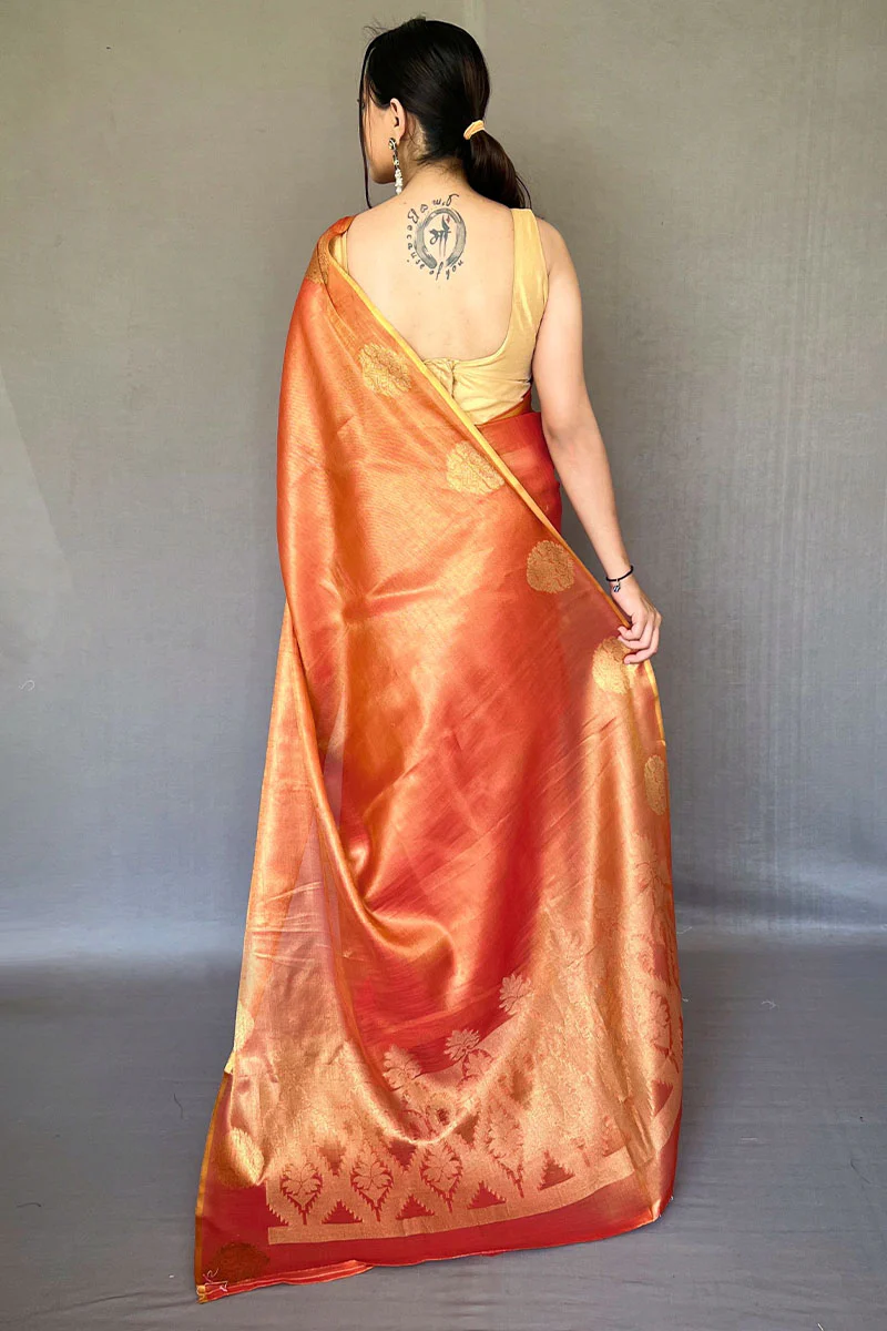 Opulent Orange Soft Banarasi Tissue Silk Saree With Luminous Blouse Piece - Image 4