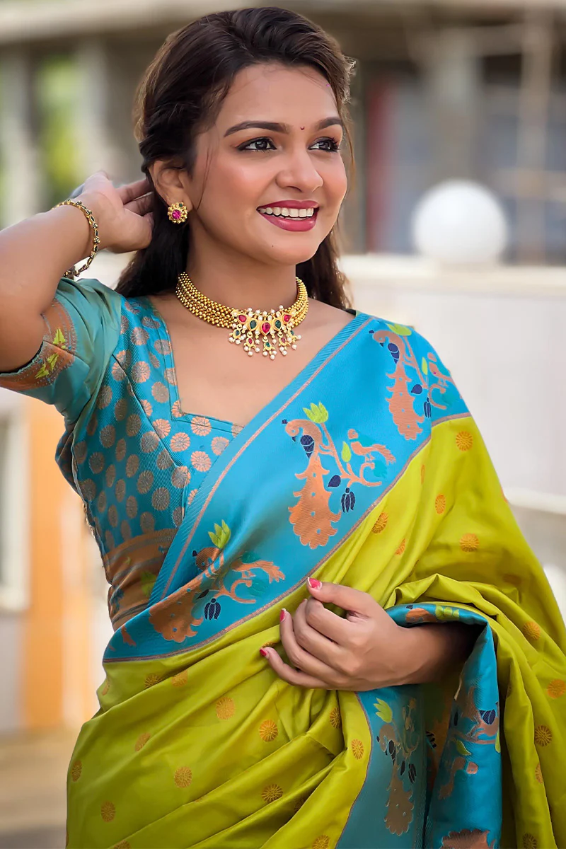 Opulent Parrot Paithani Silk Saree With Delightful Blouse Piece - Image 2