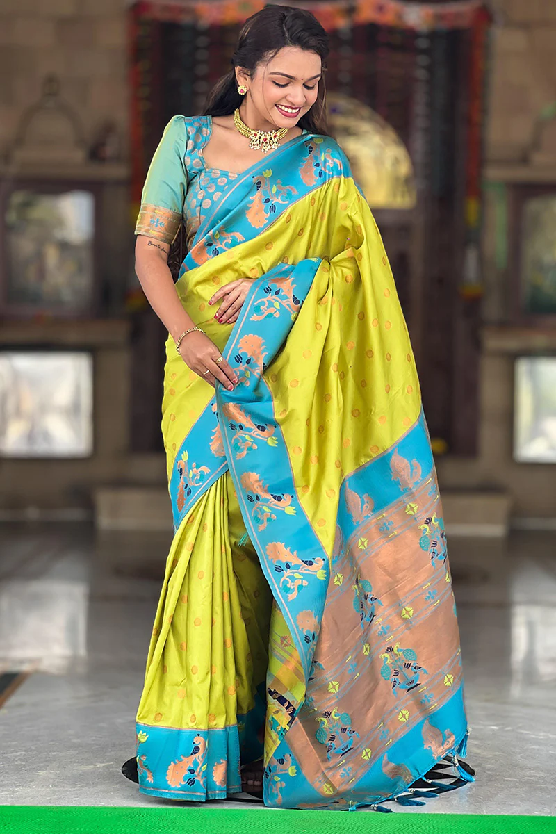 Opulent Parrot Paithani Silk Saree With Delightful Blouse Piece - Image 3