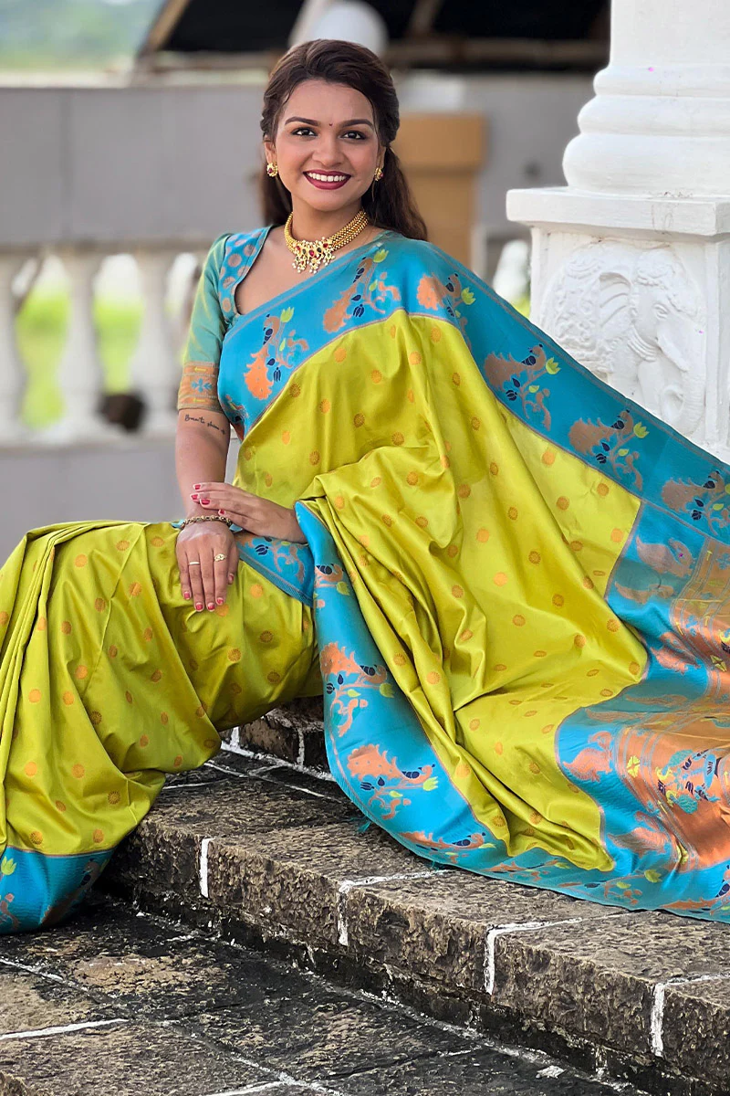 Opulent Parrot Paithani Silk Saree With Delightful Blouse Piece - Image 4