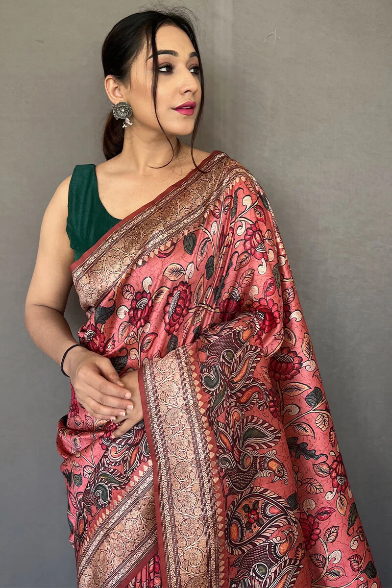 Opulent Pink Kalamkari Printed Soft Silk Saree With Exceptional Blouse Piece - Image 2