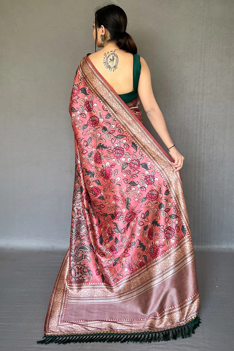 Opulent Pink Kalamkari Printed Soft Silk Saree With Exceptional Blouse Piece - Image 4