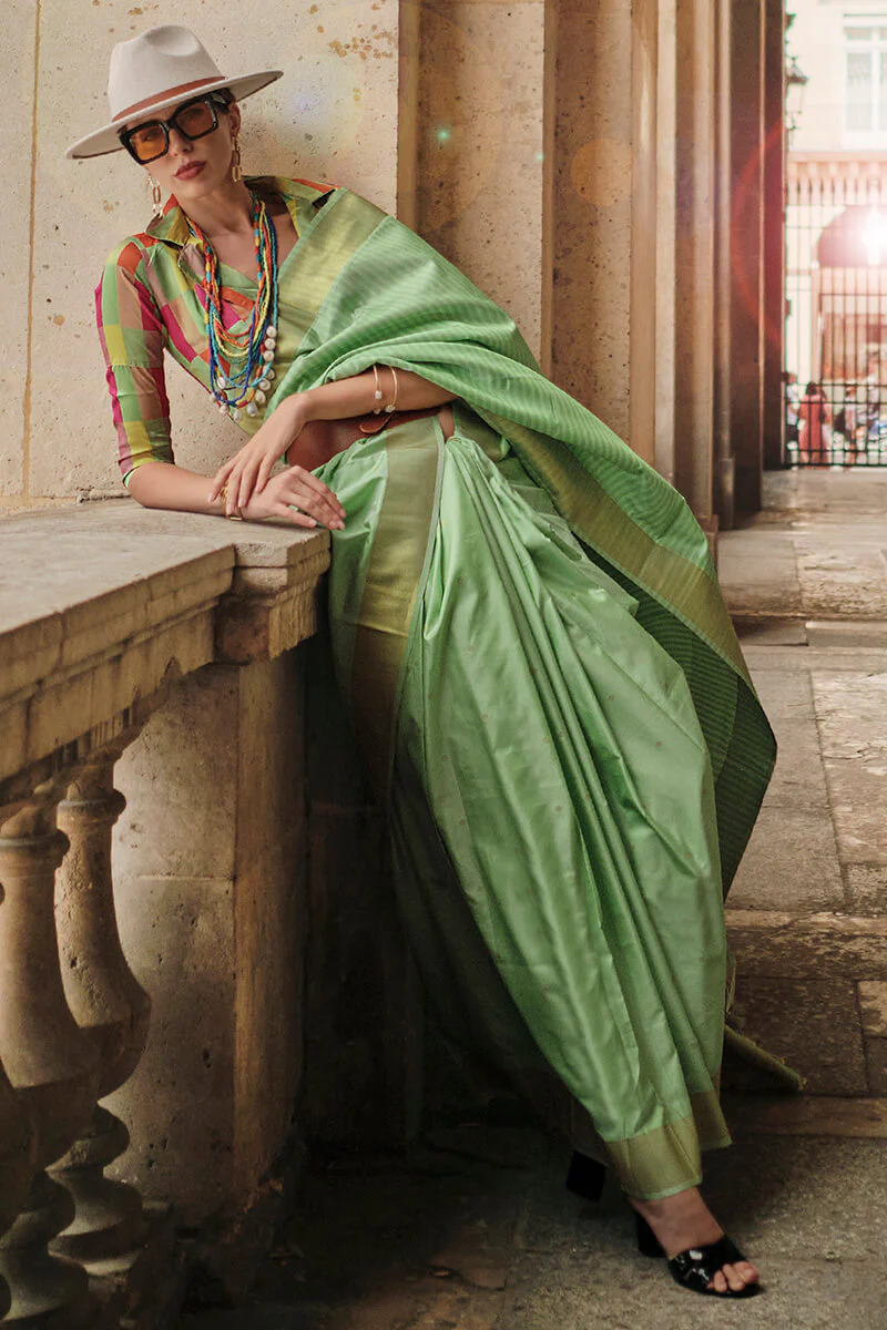 Opulent Pista Soft Banarasi Silk Saree With Fancifull Blouse Piece - Image 2