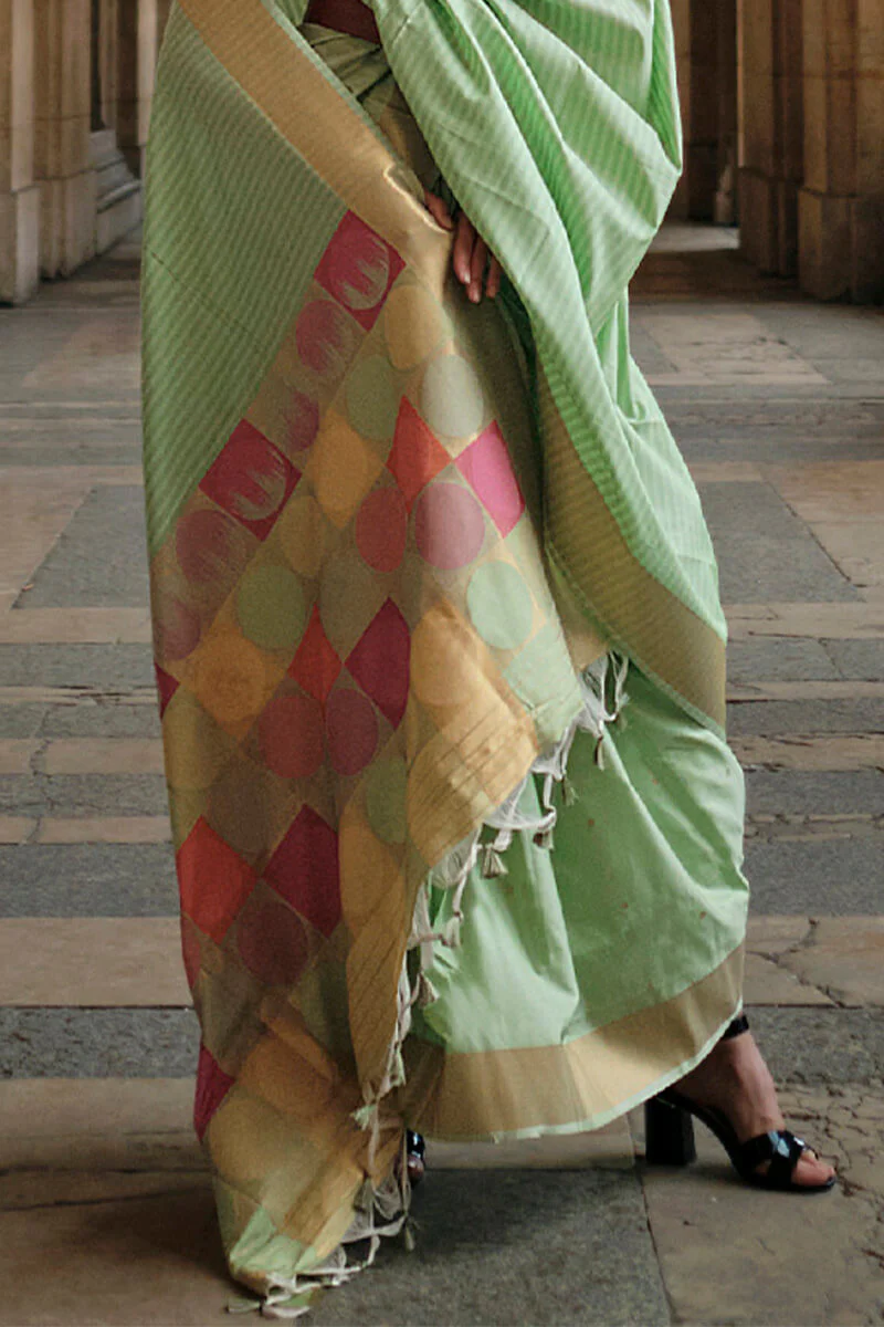 Opulent Pista Soft Banarasi Silk Saree With Fancifull Blouse Piece - Image 3