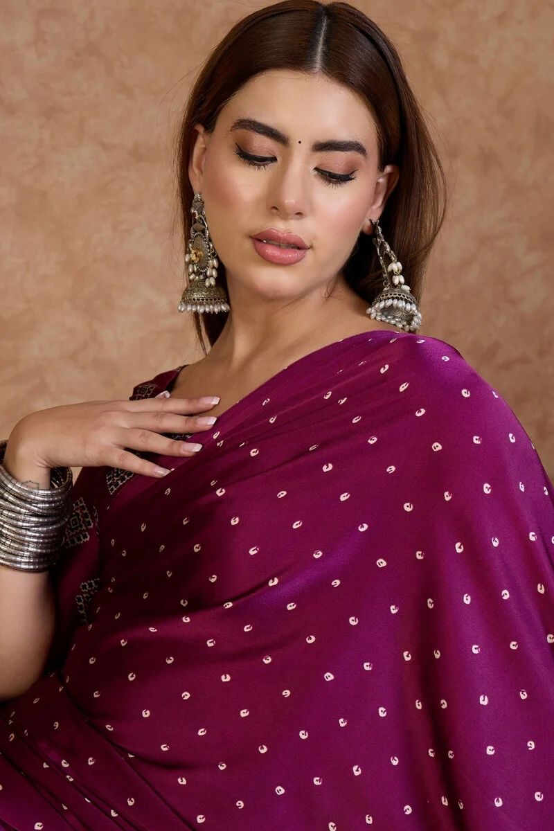 Opulent Purple Ajrakh Printed Semi Modal Silk Saree With Marvellous Blouse Piece - Image 2
