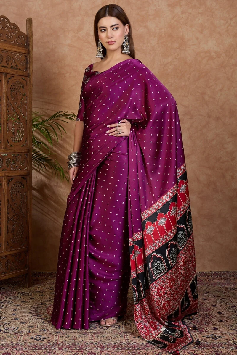 Opulent Purple Ajrakh Printed Semi Modal Silk Saree With Marvellous Blouse Piece - Image 5