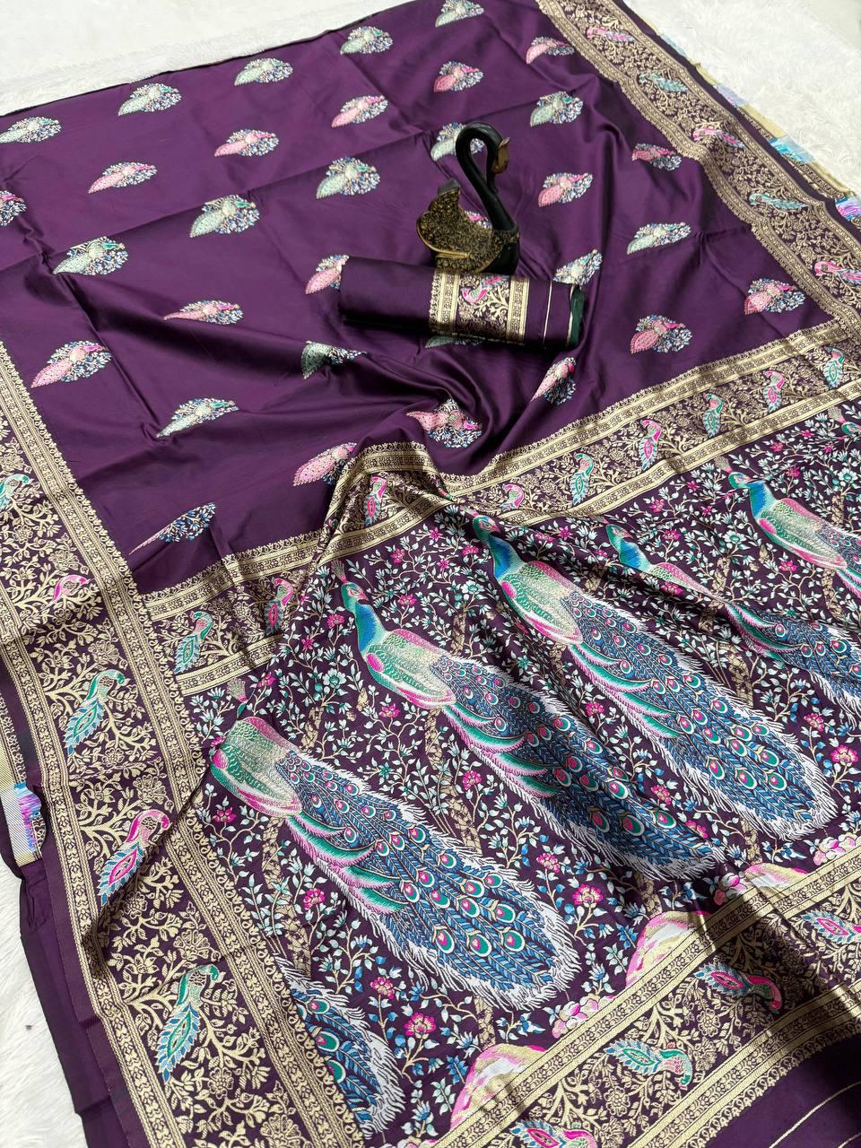 Opulent Purple Soft Banarasi Silk Saree With Ephemeral Blouse Piece - Image 2