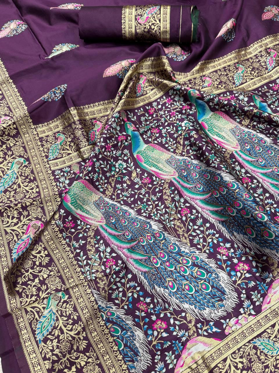 Opulent Purple Soft Banarasi Silk Saree With Ephemeral Blouse Piece - Image 3