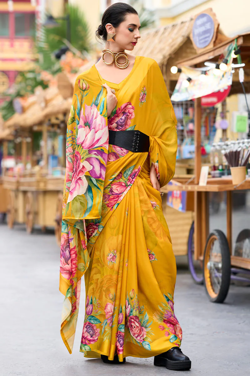 Opulent Yellow Digital Printed Georgette Saree With Pulsating Blouse Piece - Image 3