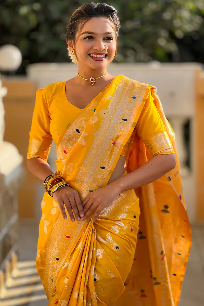 Opulent Yellow Soft Banarasi Silk Saree With Diaphanous Blouse Piece - Image 2