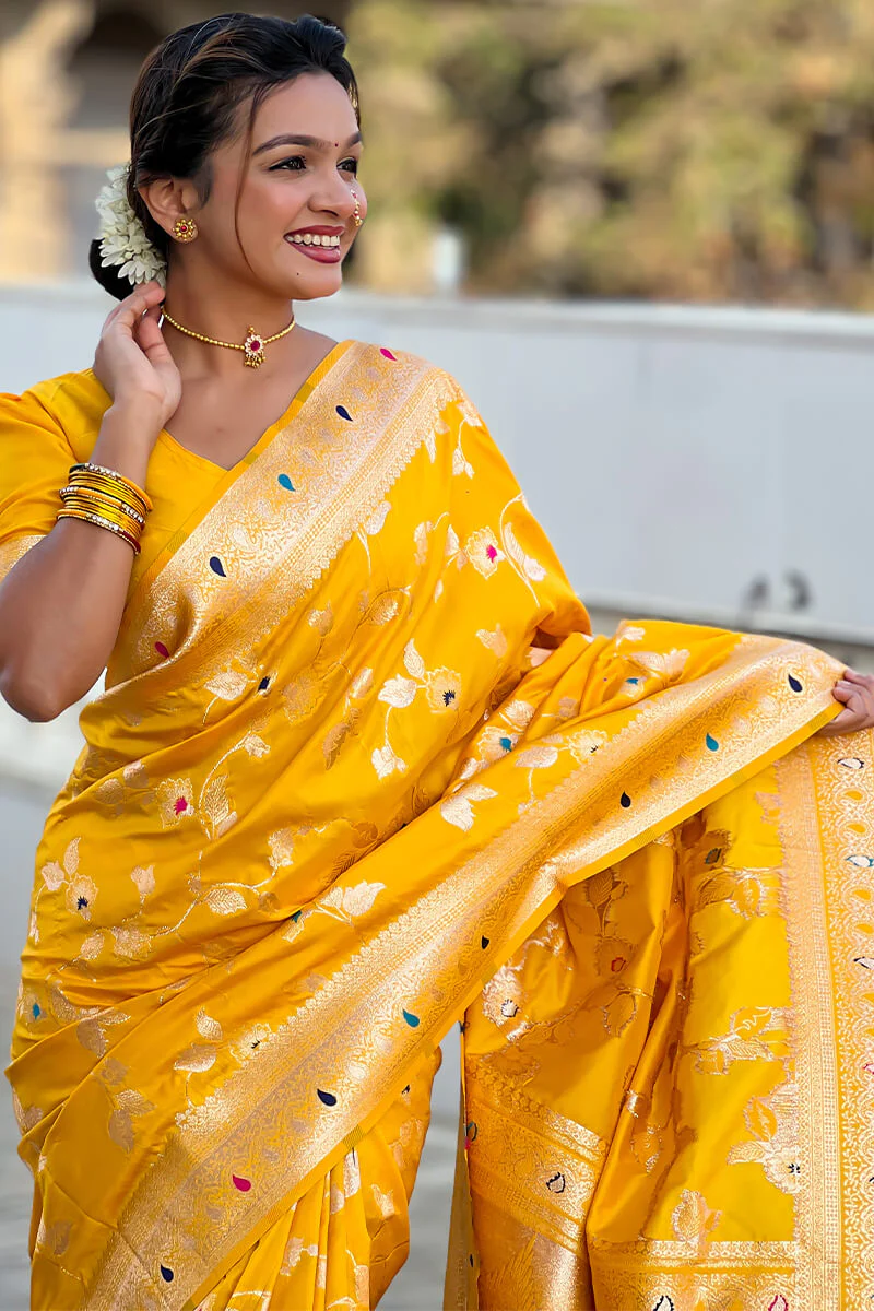 Opulent Yellow Soft Banarasi Silk Saree With Diaphanous Blouse Piece - Image 3