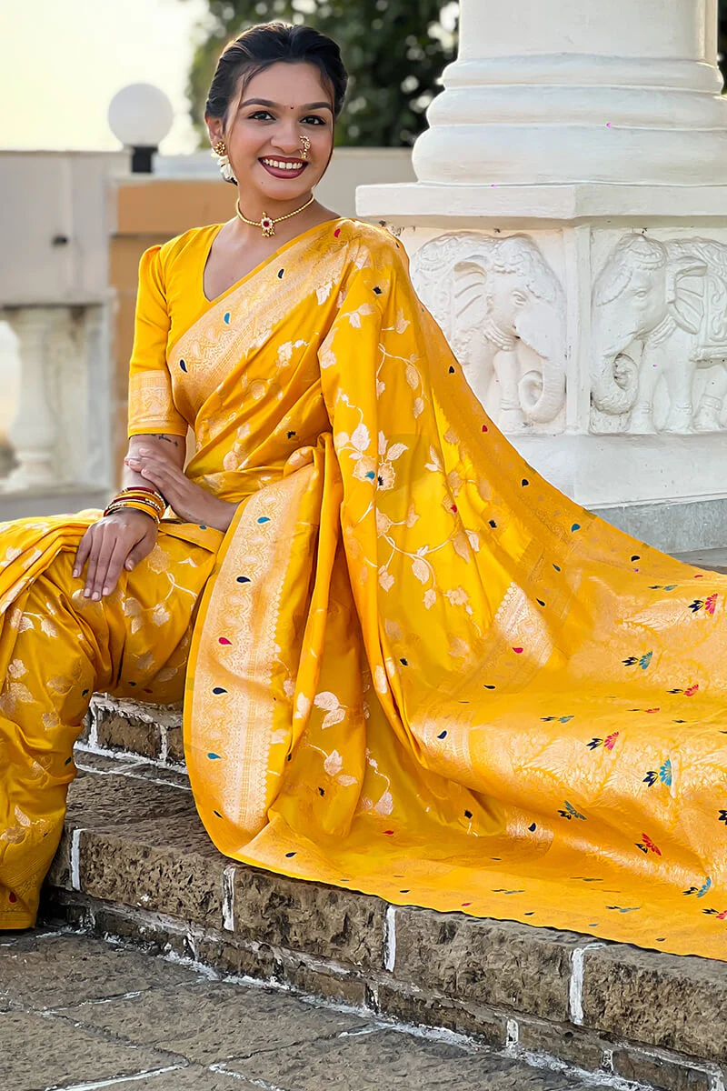 Opulent Yellow Soft Banarasi Silk Saree With Diaphanous Blouse Piece - Image 4